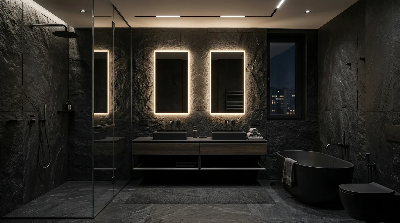 Use glossy tile to bounce light through the darkness inspiration for a moody bathroom.